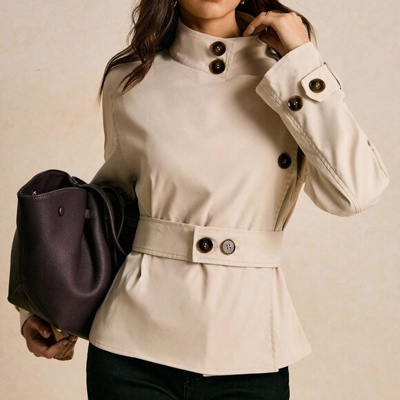 Beige Casual Women's Stand Collar Long Sleeve Trench Coat - Picture 1 of 8